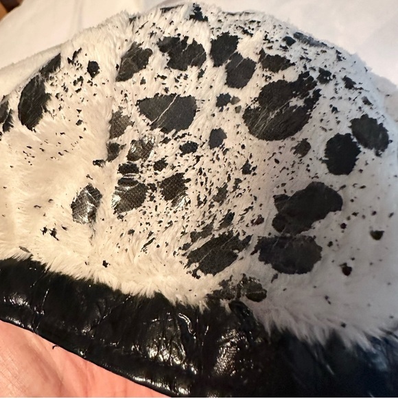 Vintage PLATANIA Italy Womens Newsboy Hat Faux Fur Black &Ivory Spotted Ink blot main image 8